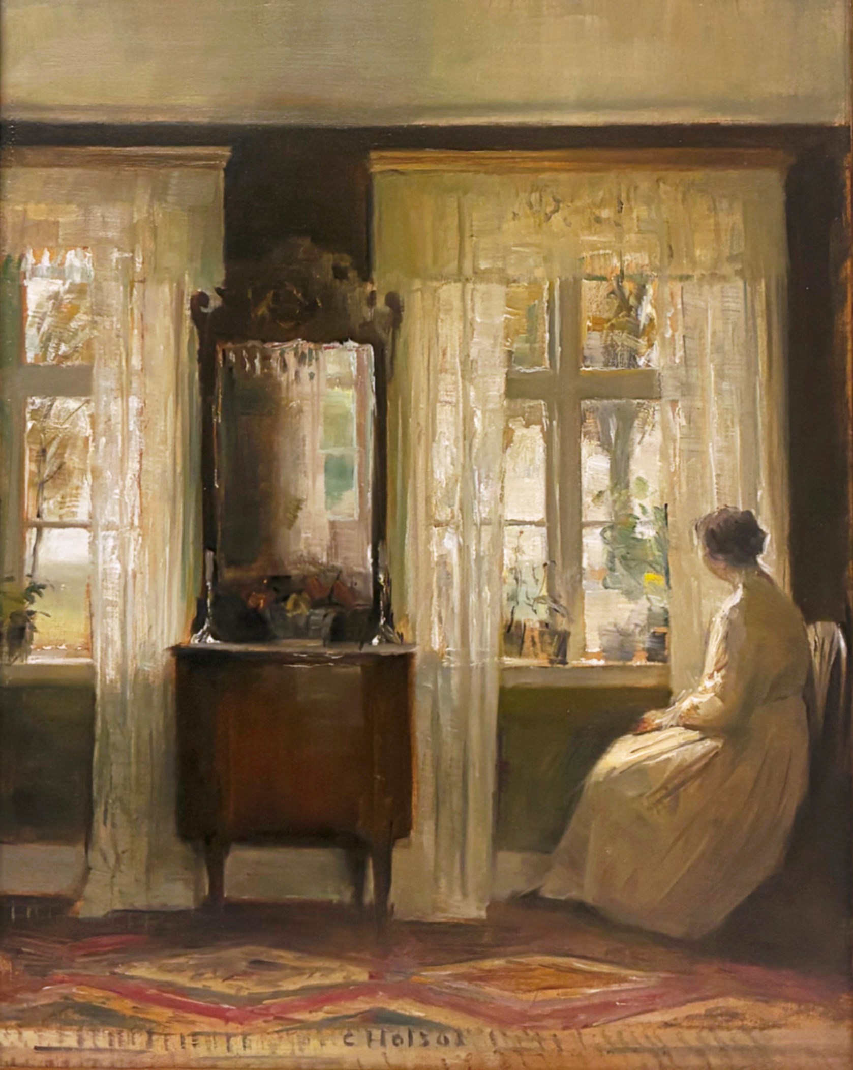 Interior from a living room with a woman  in a white dress sitting by the window